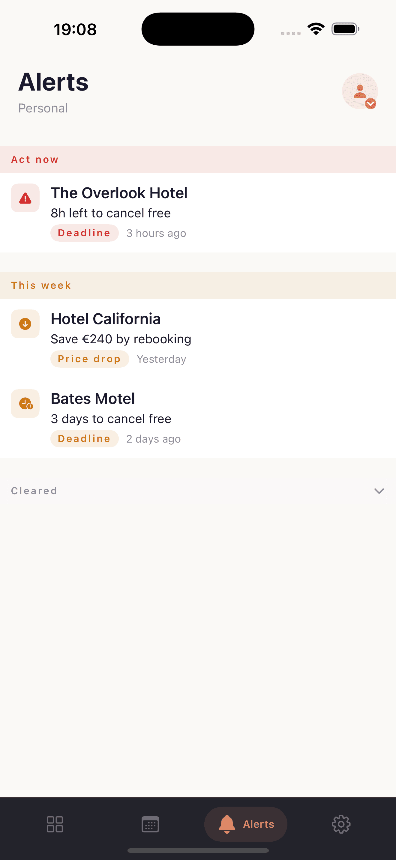 StayHawk iOS alerts screen with three sections. Act now: The Overlook Hotel, 8h left to cancel free, deadline pill, 3 hours ago. This week: Hotel California, save €240 by rebooking, price-drop pill, yesterday; Bates Motel, 3 days to cancel free, deadline pill, 2 days ago. Cleared section collapsed at the bottom.