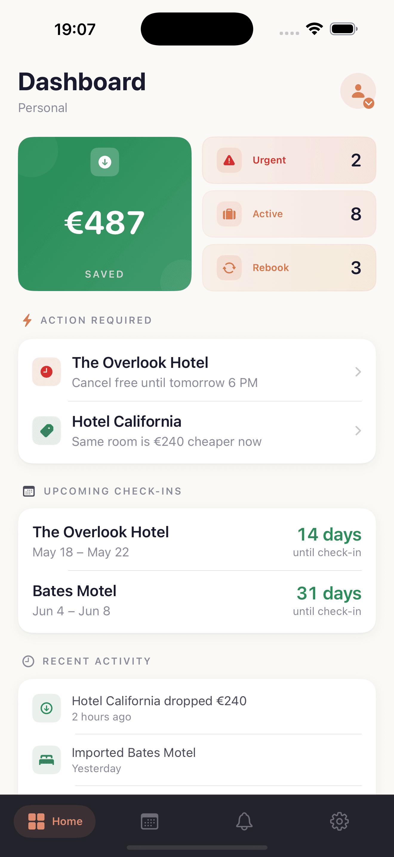 StayHawk iOS dashboard. Top tile shows €487 saved. Three urgency tiles: 2 urgent, 8 active, 3 rebook. Action required section: The Overlook Hotel cancellable until tomorrow 6 PM; Hotel California, same room €240 cheaper now. Upcoming check-ins list with days until each.