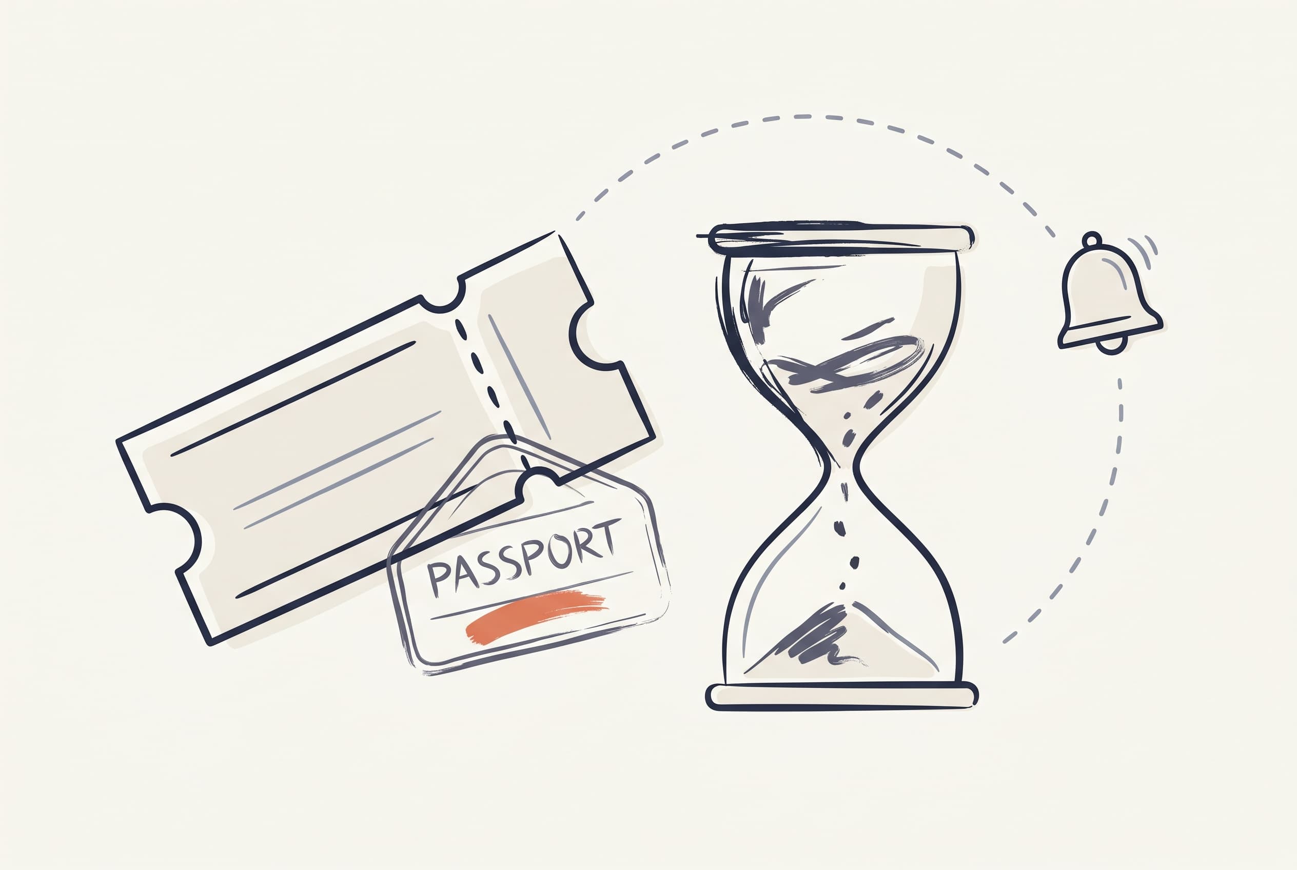 An activity ticket stub beside a passport stamp, an hourglass marking a countdown, and a notification bell