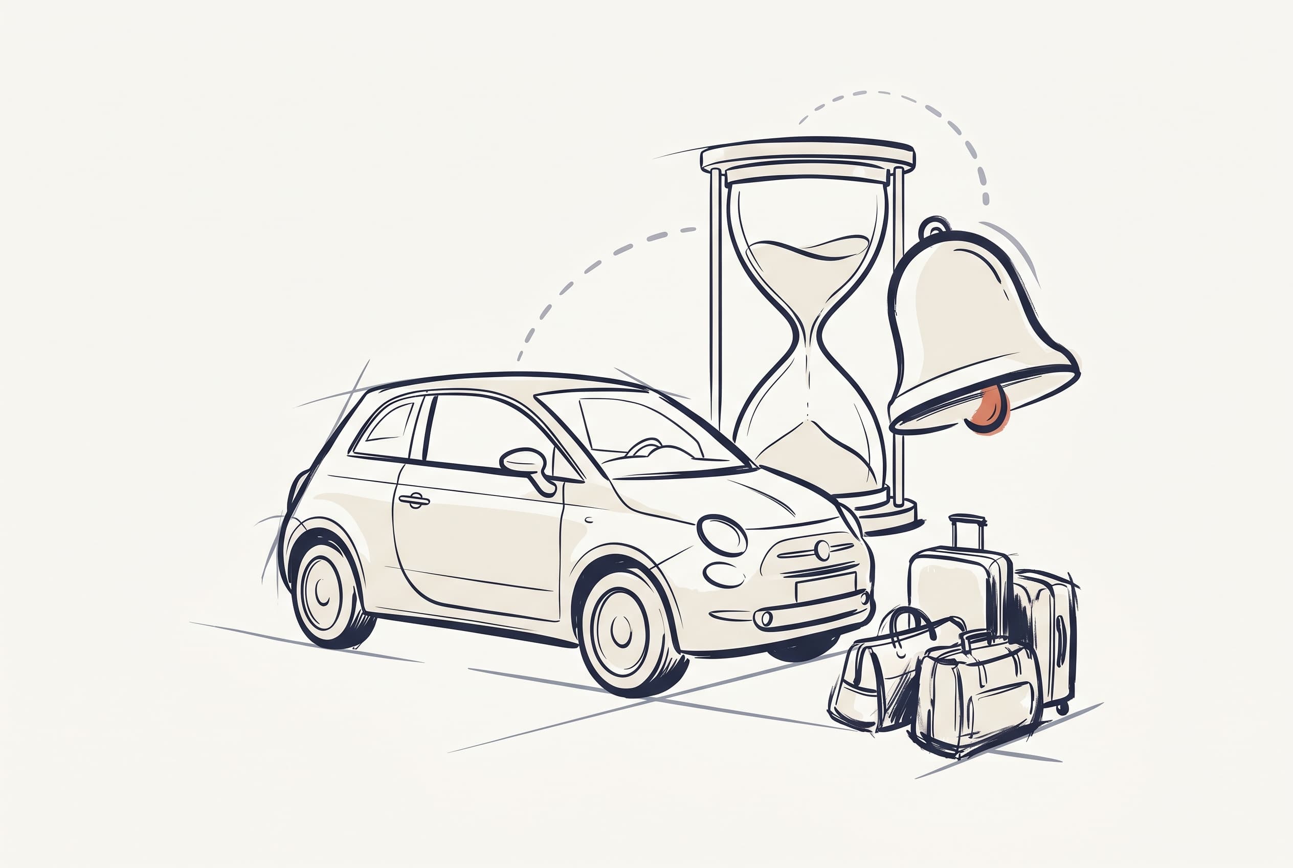 A compact rental car parked beside an hourglass, a notification bell, and luggage