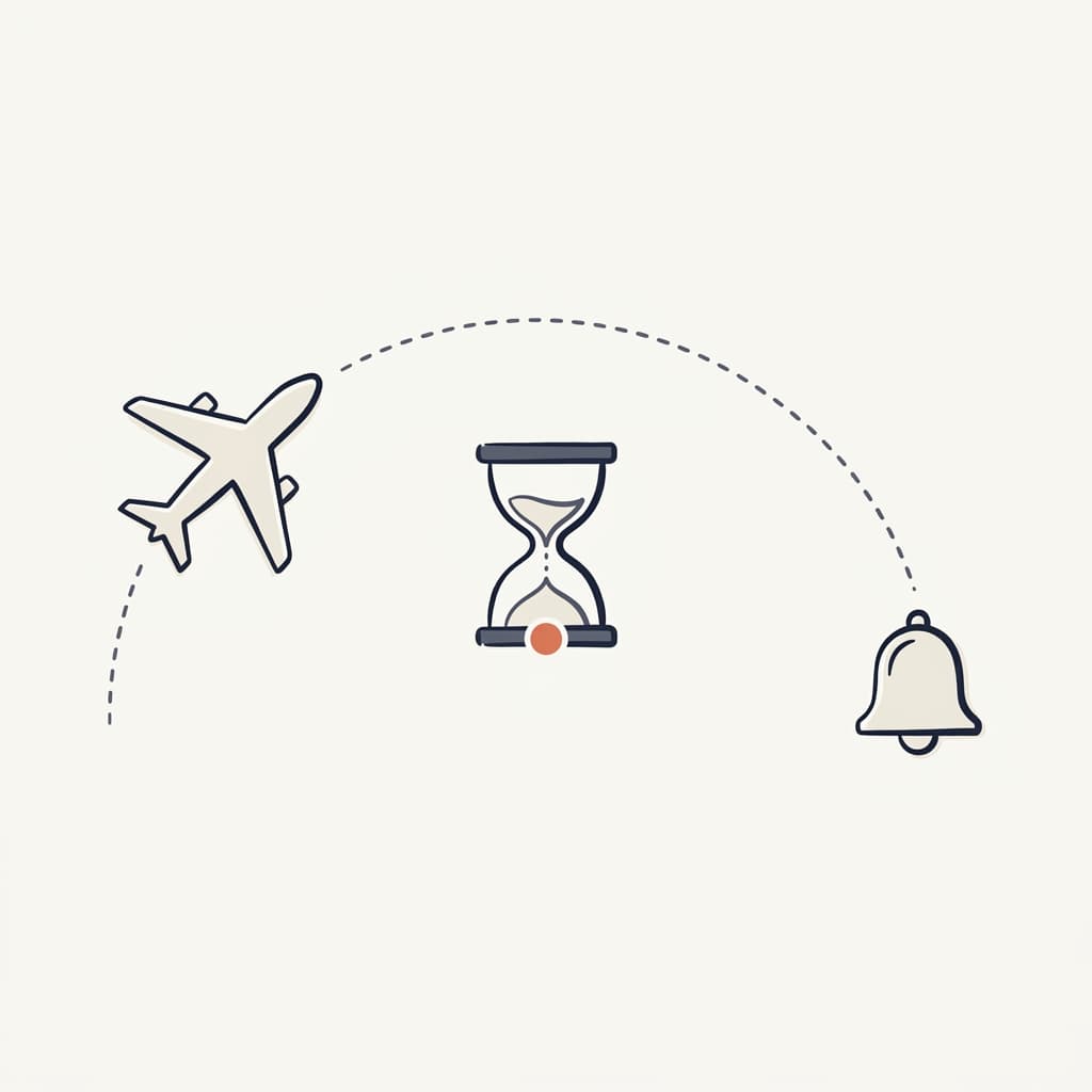 Airplane flying past an hourglass and a notification bell