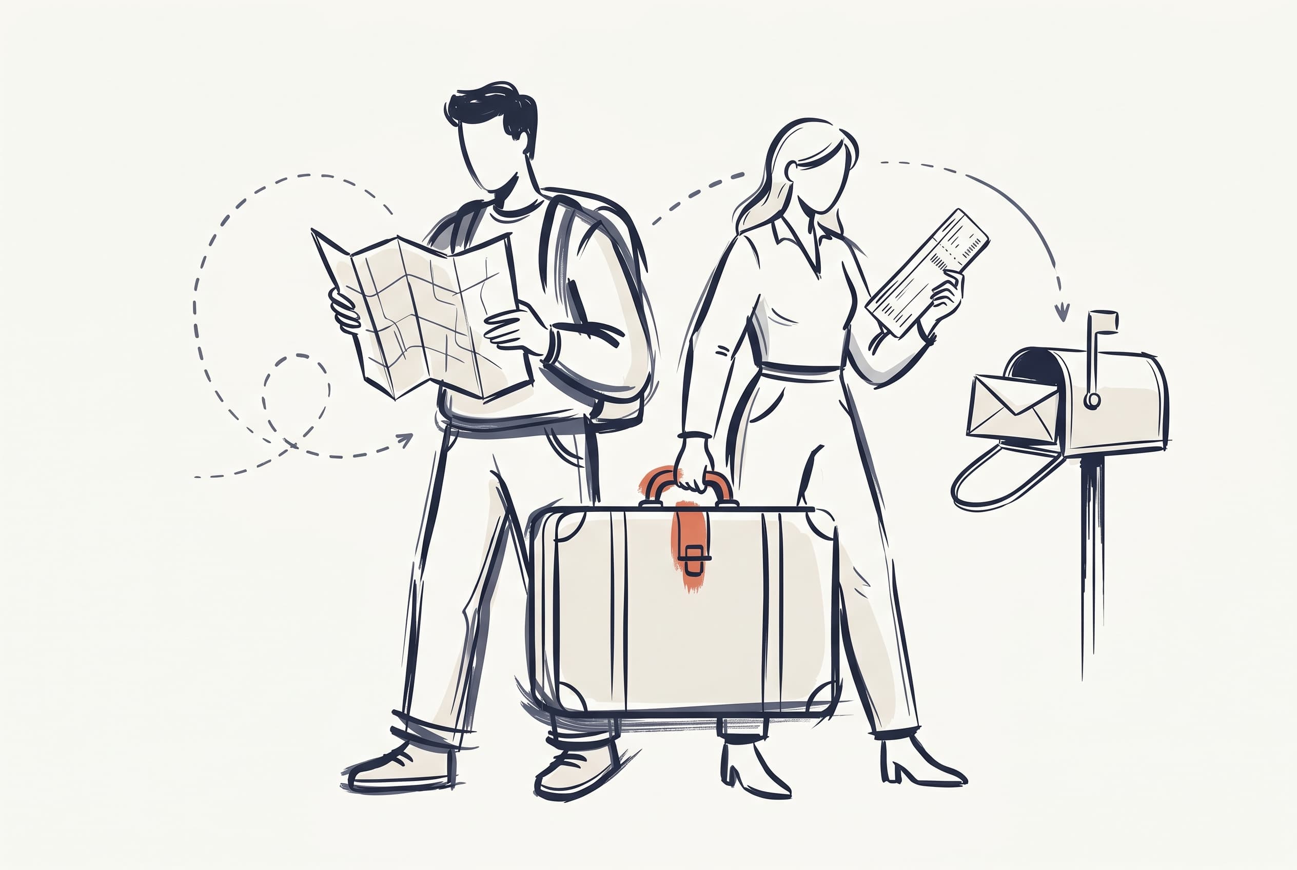 Two travelers sharing a suitcase with a folded city map and a forwarded booking confirmation envelope