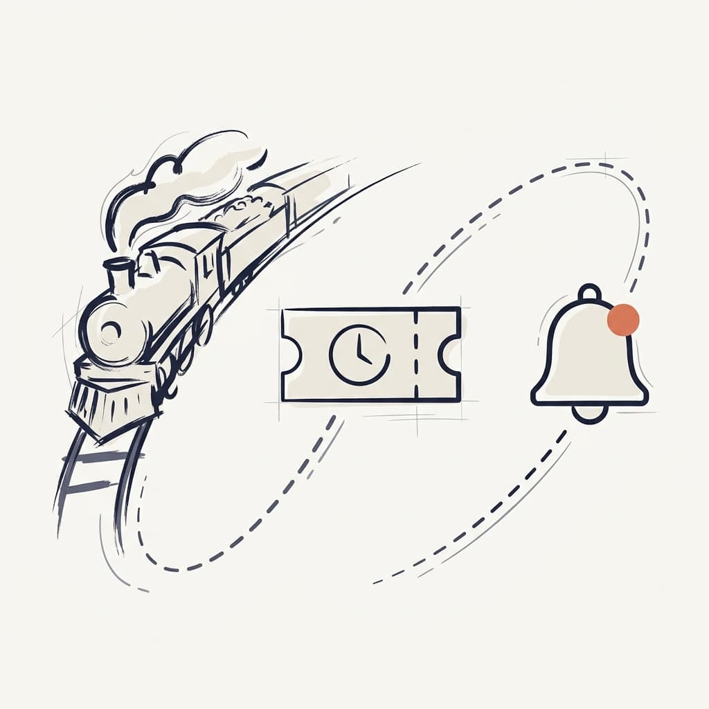 Train carriage moving past an hourglass and a notification bell