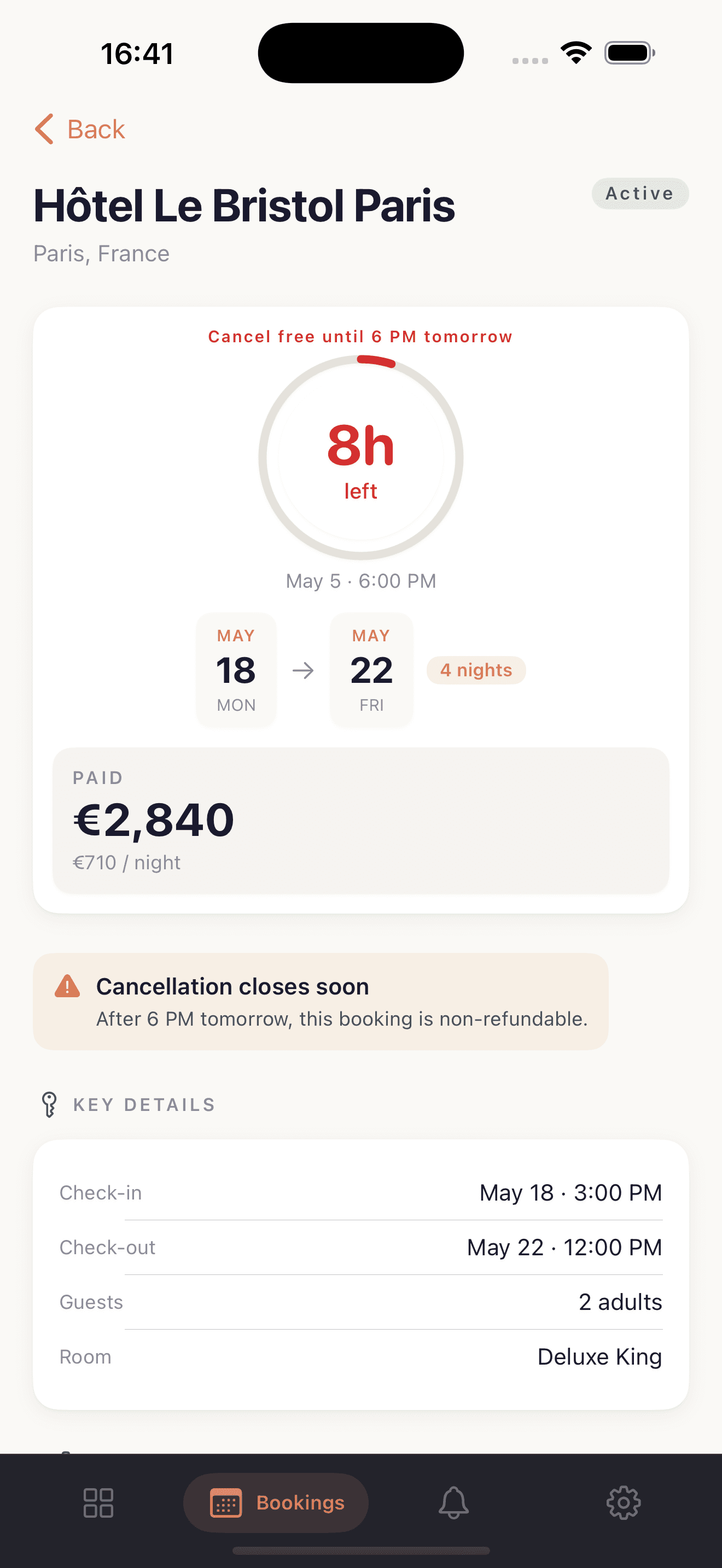 Booking detail view with cancellation deadline and price