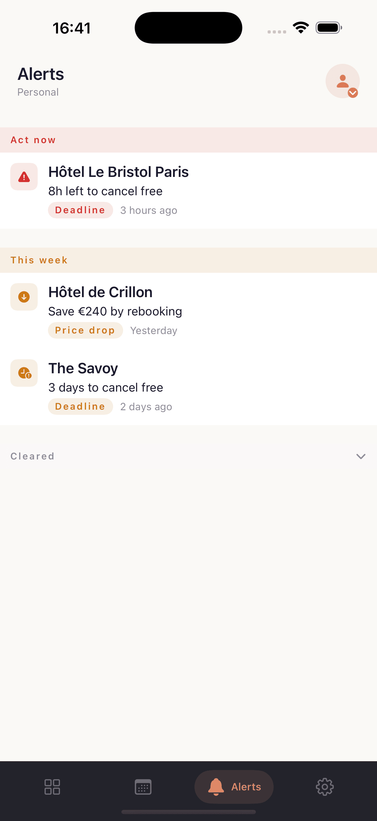 Alerts feed with deadline reminders and price-drop notifications