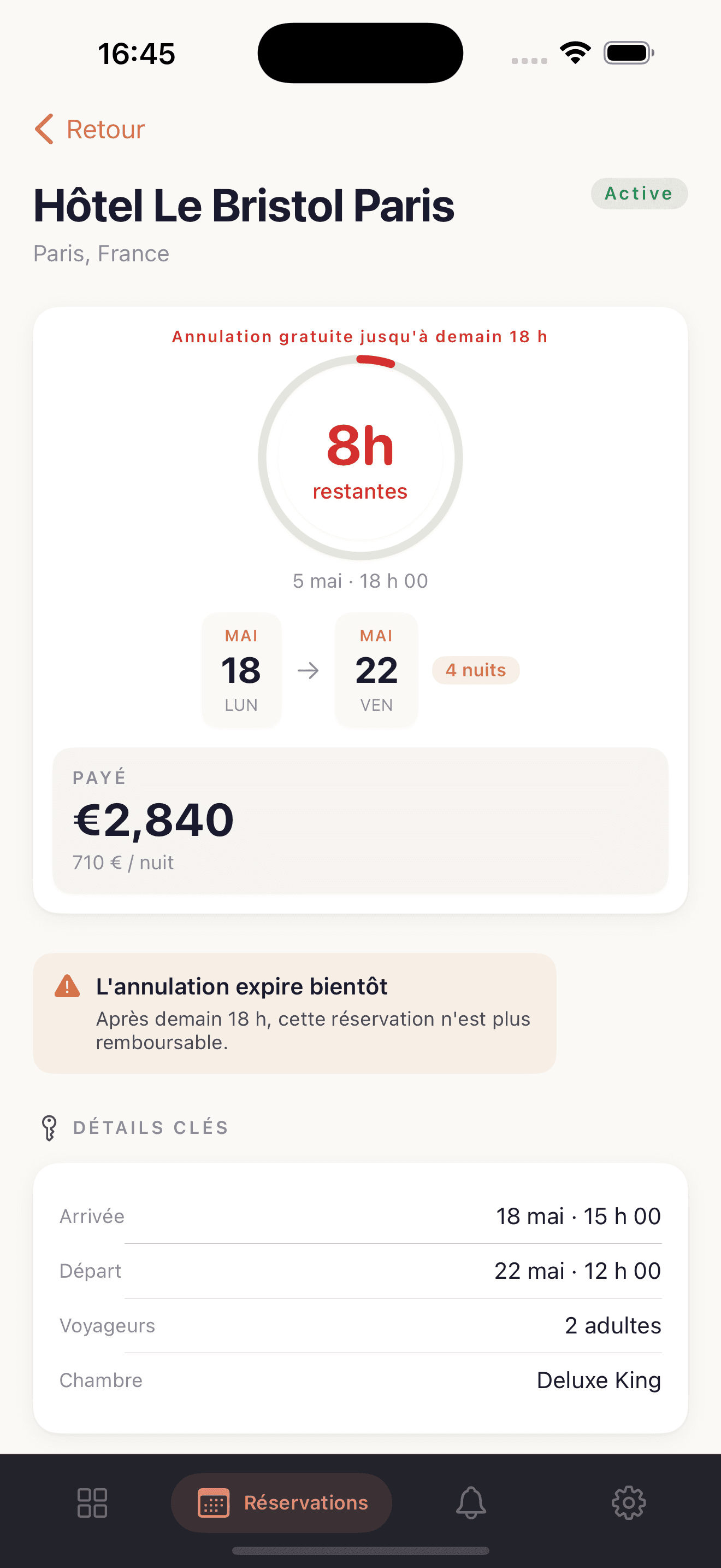 Détail d’une réservation avec date limite d’annulation et prix