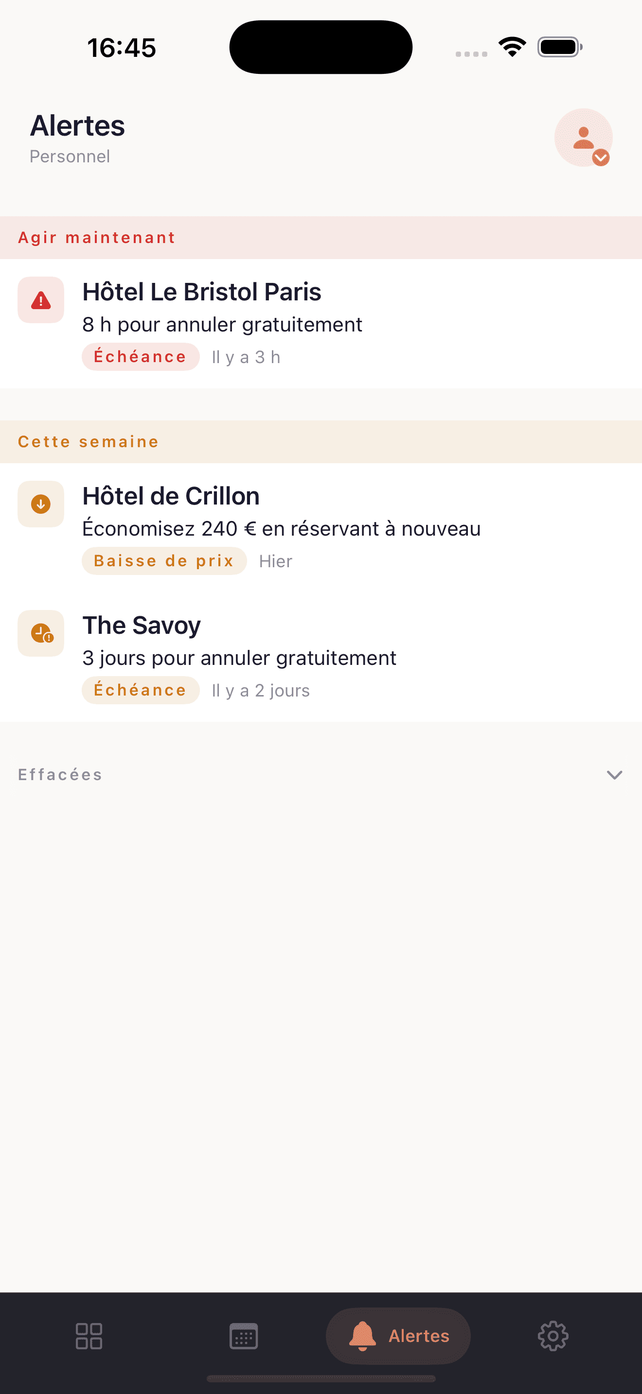 Fil d’alertes avec rappels d’échéance et notifications de baisse de prix
