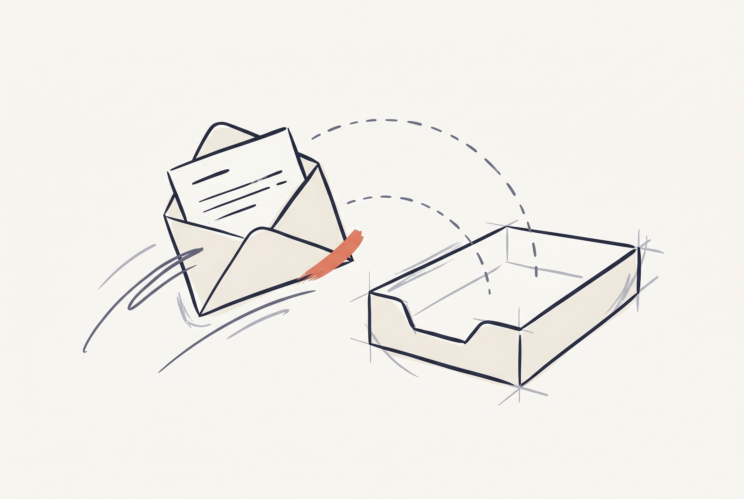 An open envelope with a hotel confirmation letter forwarding into an inbox tray, dashed motion lines between them