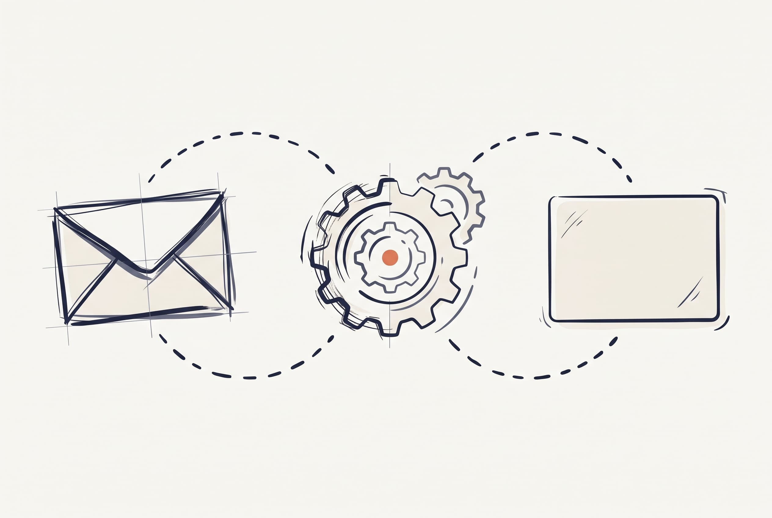Three-step flow from envelope to parser cog to dashboard tile, connected by dashed ink lines